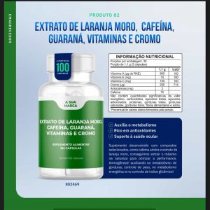 Extrato de Laranja Moro, Cafeína, Guaraná, Vitaminas e Cromo Essenza